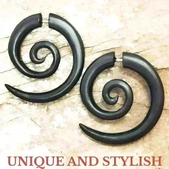New Organic wooden spiral hoop earrings fake gauges by umbrellalaboratory - Picture 4 of 8
